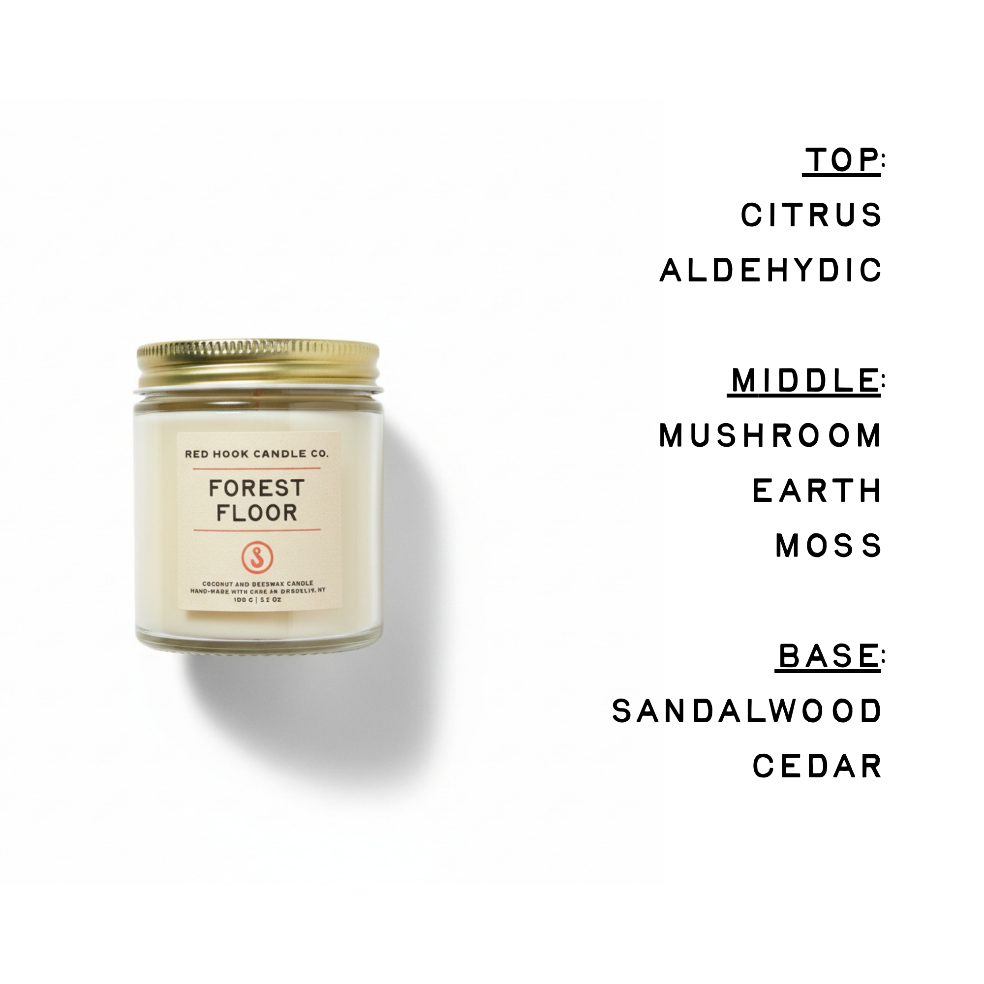 Candle jar labeled 'Forest Floor' with fragrance description on a white background. Scent Profile:
• Top: Citrus, Aldehydic
• Middle: Mushroom, Earth, Moss
• Base: Sandalwood, Cedar