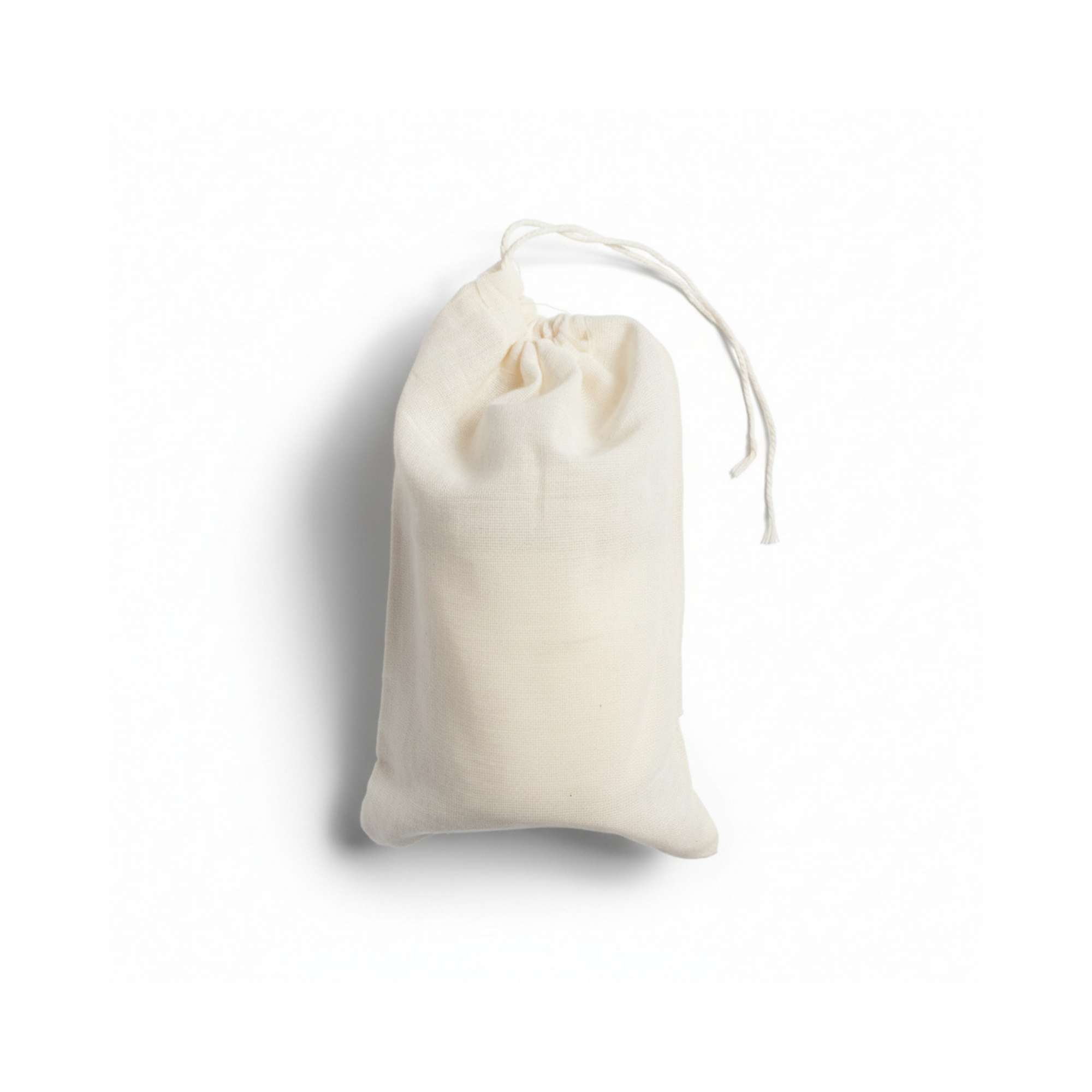 White drawstring bag on a white background. The candle in its packaging.